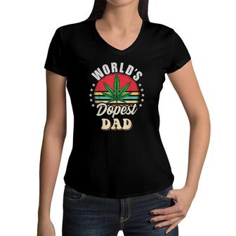 Funny Fathers Day Star Weed Dad Vintage Worlds Dopest Dad Women V-Neck T-Shirt - Seseable