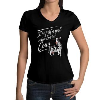 Funny I'm Just A Girl Who Loves Cows Gift Farm Girl Women Raglan Baseball Tee Women V-Neck T-Shirt | Mazezy
