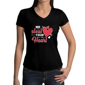 Funny Mr Steal Your Heart Gift Baby Toddler Boys Valentine's Day Women V-Neck T-Shirt | Mazezy