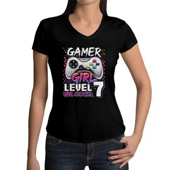 Gamer Girl Level 7 Unlocked Video Game 7th Birthday Gift Women V-Neck T-Shirt - Seseable