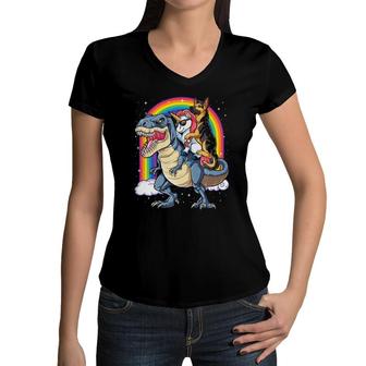 German Shepherd Unicorn Dinosaur T Rex Girls Rainbow Women V-Neck T-Shirt | Mazezy