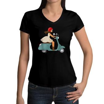 Girl On A Scooter Women V-Neck T-Shirt | Mazezy