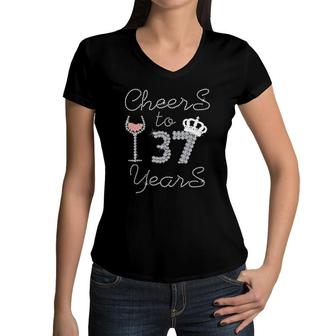 Girl Queen Drink Wine Cheers To 37 Years Old Happy Birthday Women V-Neck T-Shirt | Mazezy