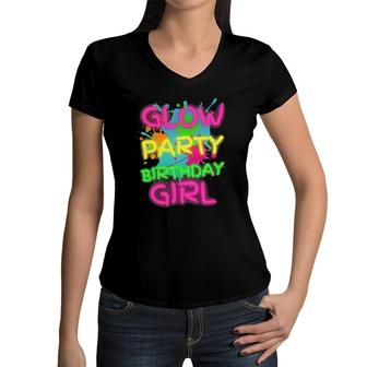 Glow Party Squad Paint Splatter Glow Party Birthday Girl Women V-Neck T-Shirt | Mazezy