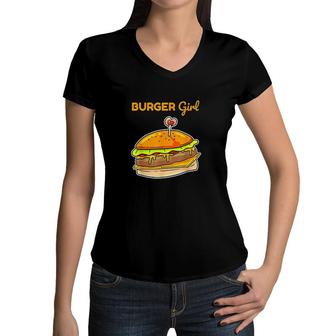 Hamburger Cheeseburger Burger Girl Women V-Neck T-Shirt | Mazezy