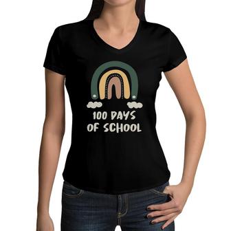Happy 100 Days Of School Funny Rainbow Teacher Kids 100 Days Women V-Neck T-Shirt | Mazezy