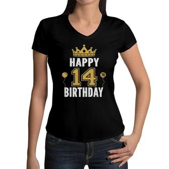 Happy 14Th Birthday Idea For 14 Years Old Boys And Girls Women V-Neck T-Shirt | Mazezy