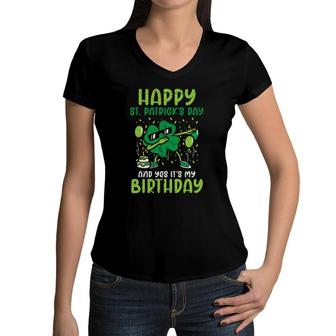 Happy St Patricks Day Birthday Shamrock Dab Bday Party Kids Women V-Neck T-Shirt | Mazezy