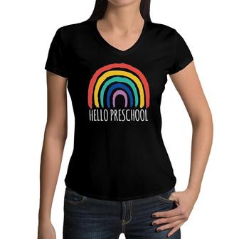 Hello Preschool Teacher Student Kids Women V-Neck T-Shirt | Mazezy
