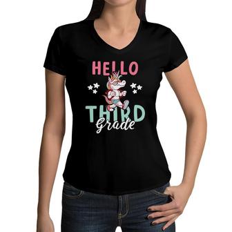 Hello Third Grade Girl Unicorn Kids And Teachers Women V-Neck T-Shirt | Mazezy