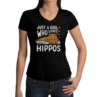 Hippo Just A Girl Who Loves Hippos Women V-Neck T-Shirt | Mazezy