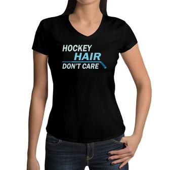 Hockey Hair Don't Care Messy Hair Player Men Women Kids Women V-Neck T-Shirt | Mazezy