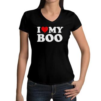 I Love My Boo Boyfriend Bf Red Heart Zip Women V-Neck T-Shirt | Mazezy