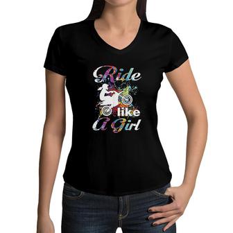 I Ride Like A Girl Dirt Bike Women V-Neck T-Shirt | Mazezy