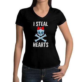 I Steal Hearts Valentines Day Pirate Girls Valentine Girl Women V-Neck T-Shirt | Mazezy