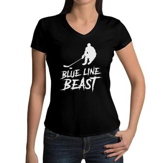 Ice Hockey Blue Line Beast Defensemen Mens Kids Player Gift Women V-Neck T-Shirt | Mazezy