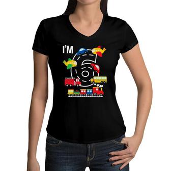 I'm 6 Birthday Boy 6Th Bday Train Car Fire Truck Airplane Women V-Neck T-Shirt | Mazezy