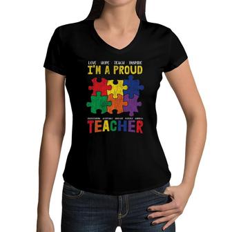 I'm A Proud Teacher Students Autistic Kids Autism Awareness Women V-Neck T-Shirt | Mazezy