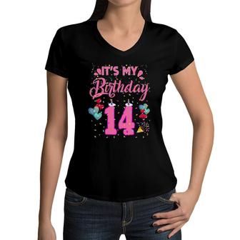 It's My 14Th Birthday Doughnut Happy 14 Years Old Girl Women V-Neck T-Shirt | Mazezy