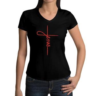 Jesus Cross God Faith Religious Christian Men Women Kids Women V-Neck T-Shirt | Mazezy