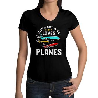 Just A Boy Who Loves Planes Funny Pilot Flying Airplane Women V-Neck T-Shirt | Mazezy