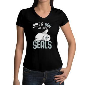 Just A Boy Who Loves Seals Sea Lion Boys Kids Women V-Neck T-Shirt | Mazezy