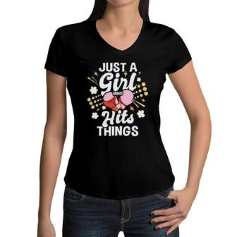 Just A Girl Who Hits Things Kickboxing Kickboxer Boxer Women V-Neck T-Shirt | Mazezy