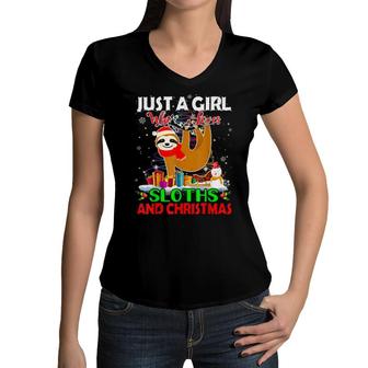 Just A Girl Who Love Sloths & Christmas Sloths Santa Light Women V-Neck T-Shirt | Mazezy