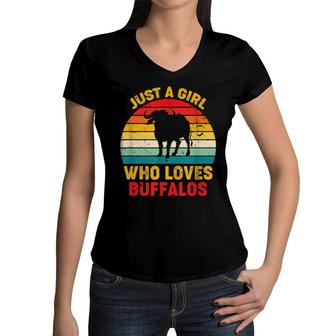 Just A Girl Who Loves Buffalos Retro Sunset Buffalos Women V-Neck T-Shirt | Mazezy