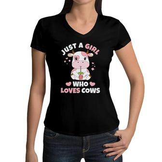 Just A Girl Who Loves Cows Cute Strawberry Cow Cowgirl Print Women V-Neck T-Shirt | Mazezy