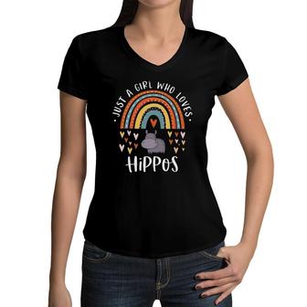 Just A Girl Who Loves Hippos Rainbow Gift Hippopotamus Lover Women V-Neck T-Shirt | Mazezy