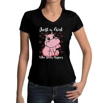 Just A Girl Who Loves Hippos Woman Cute Women V-Neck T-Shirt | Mazezy