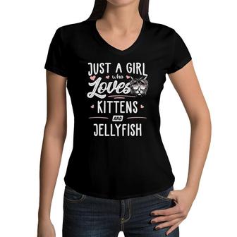 Just A Girl Who Loves Kittens And Jellyfish Gift Cat Women V-Neck T-Shirt | Mazezy