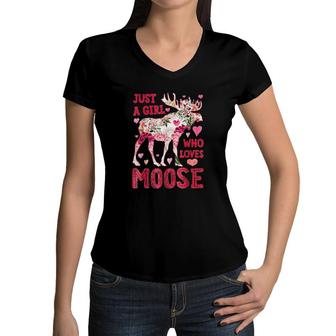 Just A Girl Who Loves Moose Valentine Women V-Neck T-Shirt | Mazezy