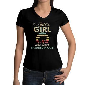 Just A Girl Who Loves Savannah Cats Retro Vintage Cat Women V-Neck T-Shirt | Mazezy
