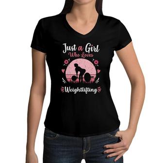 Just A Girl Who Loves Weightlifting Pink Retro Vintage Lover Women V-Neck T-Shirt | Mazezy CA