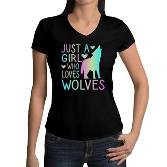 Just A Girl Who Loves Wolves Watercolor Style Teen Girl Women V-Neck T-Shirt | Mazezy