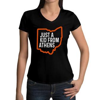 Just A Kid From Athens Ohio Cincinnati Burr Oh Orange Black Women V-Neck T-Shirt | Mazezy