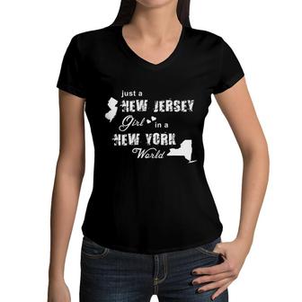 Just A New Jersey Girl In A New York World Printing Women V-Neck T-Shirt | Mazezy