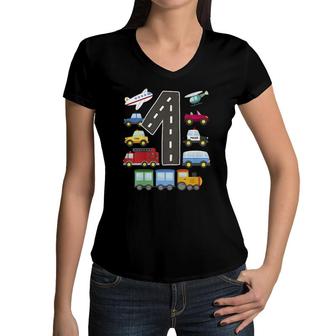Kids 1 Year Old Transportation Birthday Car Train Plane 1St Gift Women V-Neck T-Shirt | Mazezy