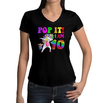 Kids 10Th Birthday Girl Pop It Dabbing Unicorn 10 Years Old Party Women V-Neck T-Shirt | Mazezy