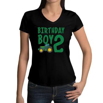 Kids 2Nd Birthday Farm Tractor Two Years Old Birthday Gift Women V-Neck T-Shirt | Mazezy