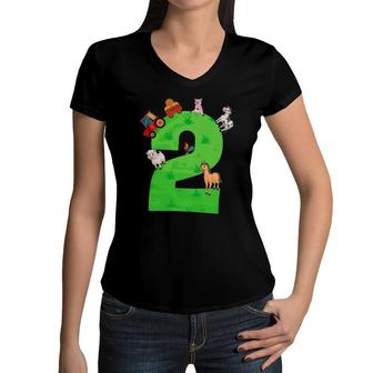 Kids 2Nd Birthday Tractor 2 Years Farm Animals Second Women V-Neck T-Shirt | Mazezy