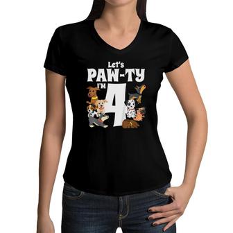 Kids 4 Year Old Puppy Dog Birthday Pawty Dogs 4Th Party Gift Idea Women V-Neck T-Shirt | Mazezy