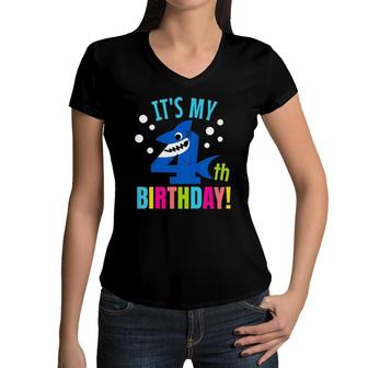 Kids 4 Years Old 4Th Shark Party Birthday Baby Gift Girls And Boys Women V-Neck T-Shirt | Mazezy