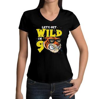 Kids 9Th Birthday Tiger Lets Get Wild 9 Years Old Boy Girl Women V-Neck T-Shirt | Mazezy