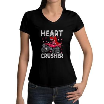 Kids Dinosaur Monster Truck Rex Valentines Hearts Toddlers Kids Women V-Neck T-Shirt - Seseable