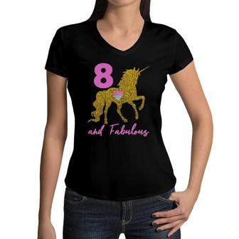 Kids Girls 8Th Birthday Unicorn Fabulous 8 Years Old Party Women V-Neck T-Shirt | Mazezy