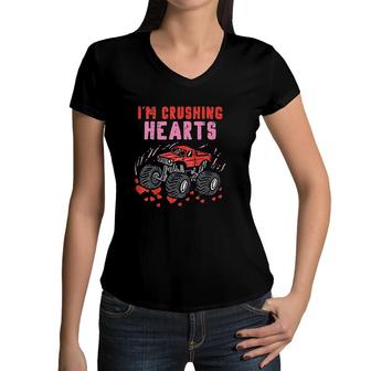 Kids I Crush Hearts Monster Truck Toddler Boys Valentines Day Women V-Neck T-Shirt - Seseable