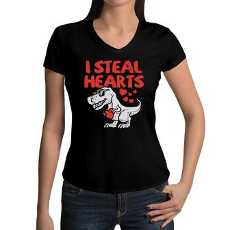 Kids I Steal Hearts Trex Dino Baby Boy Valentine's Day Toddler Women V-Neck T-Shirt | Mazezy